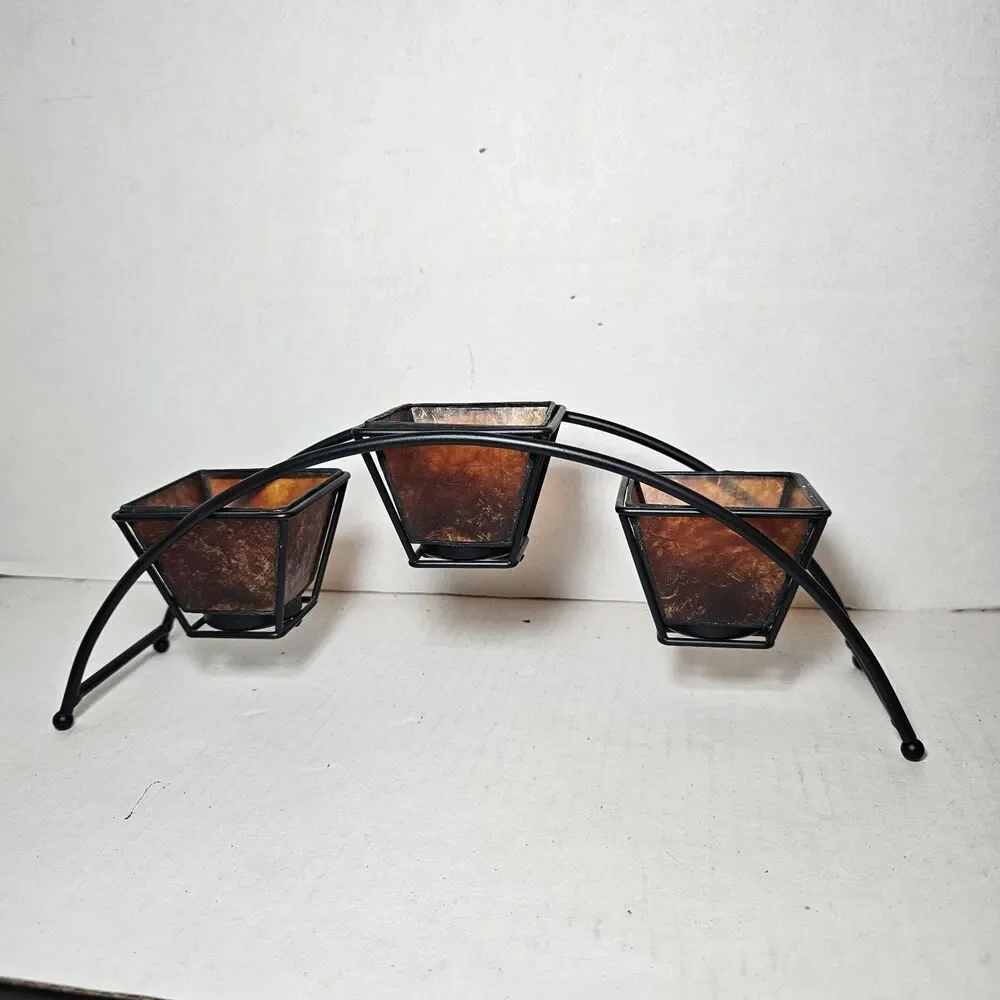 Metal Tea Light Candle Holder 3 Cups Tabletop Arch Bohemian Shabby Dark